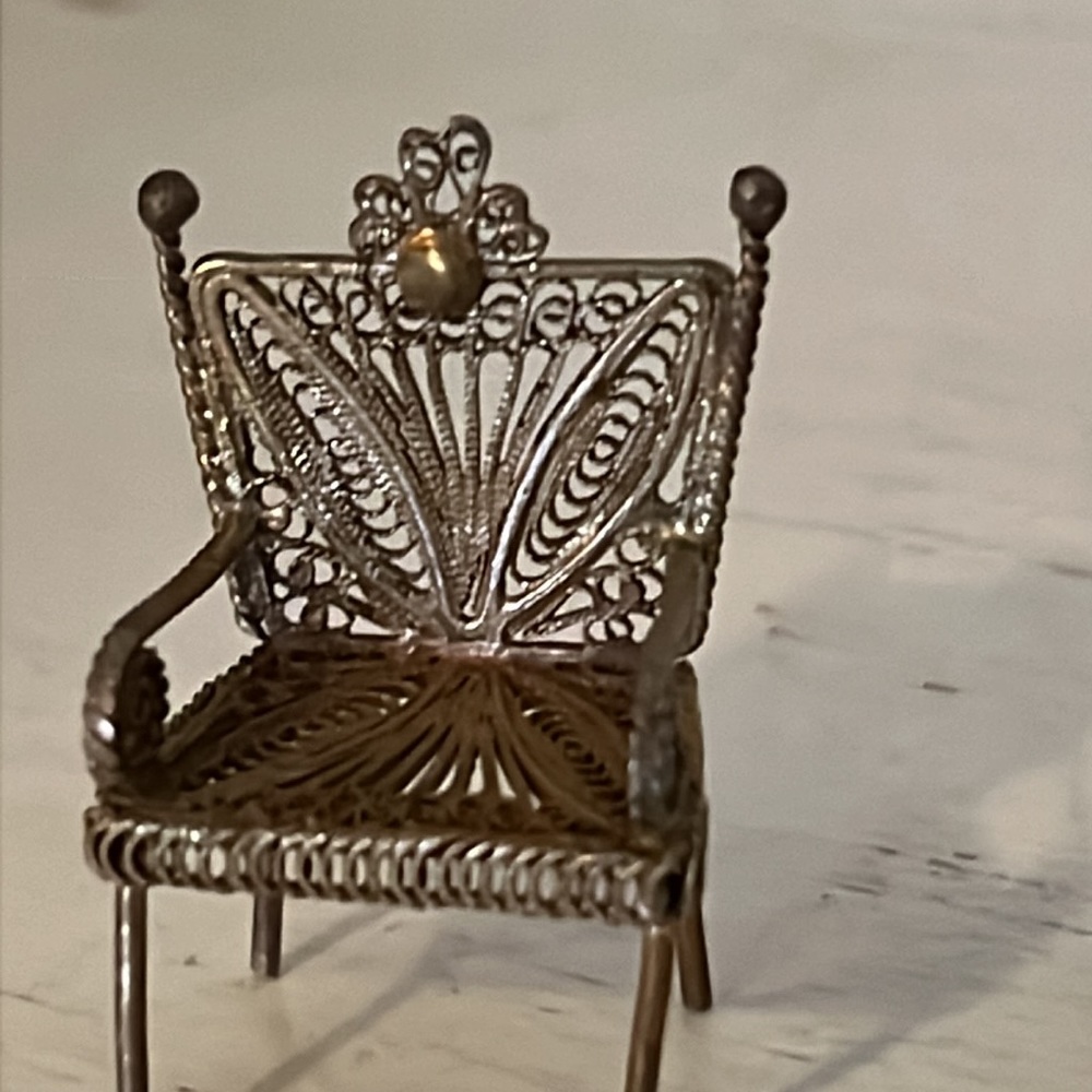 Antique silver & gold filigree dollhouse furniture birdcage stand chair - Picture 4 of 8